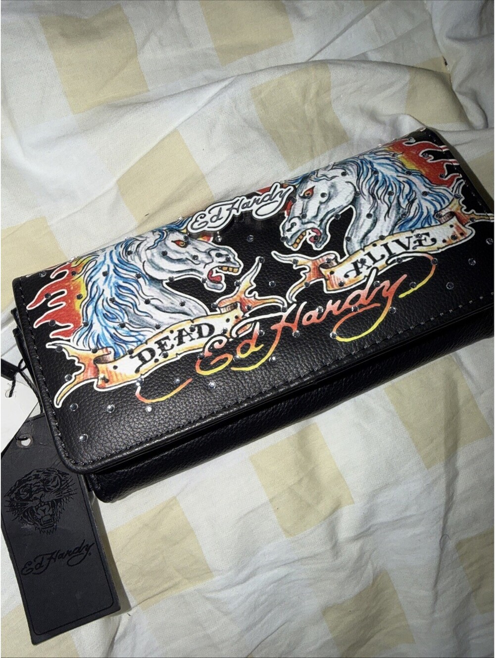 NWT Ed Hardy Flap Clutch Wallet - Dead Or Alive - Horses - Black